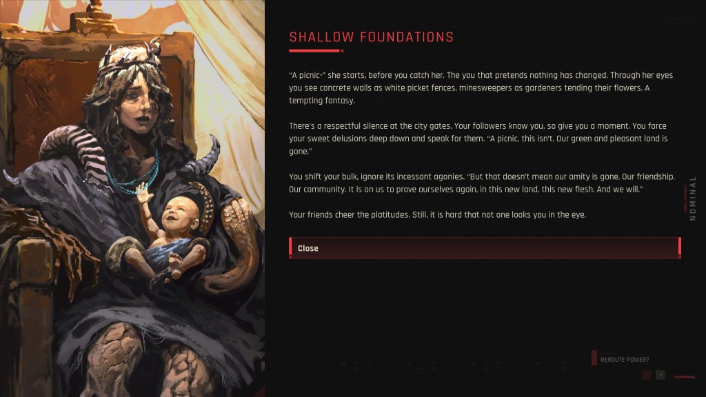 Art of a woman clad in robes sitting at a tentacle-wrapped throne with a child in her lap in Zephon. 