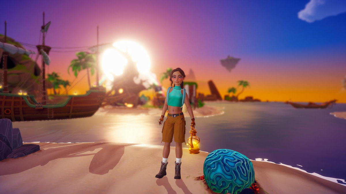 A character in a blue top and brown shorts holding a lantern by some coral in disney dreamlight valley