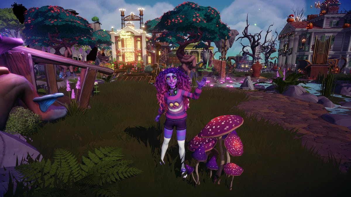A character with purple and pink hair wearing a purple striped sweater standing by some mushrooms in disney dreamlight valley