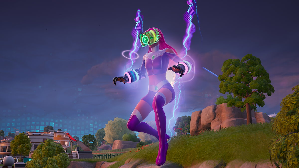 Starfire using tracking visor and bass boost while flying through the air in Fortnite